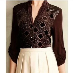 Tiny Vintage Y2K Brown Velvet Sequin Sheer Mixed Top Blouse Size‎ XS